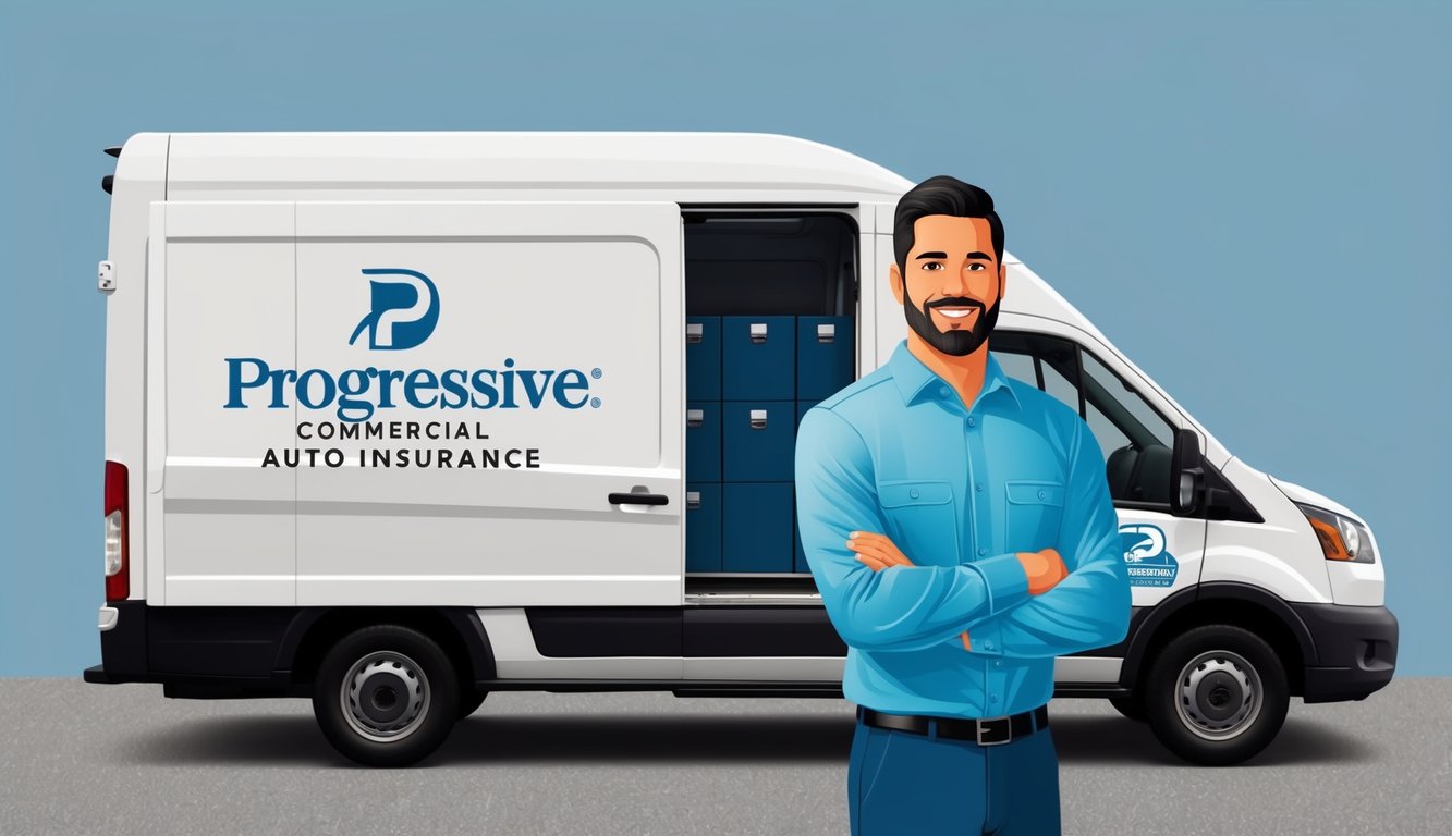 A small business owner standing in front of their commercial vehicle, with the Progressive Commercial Auto Insurance logo prominently displayed on the side of the vehicle