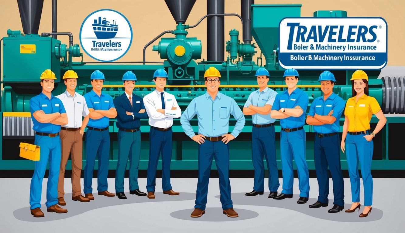 A small business owner stands proudly in front of their well-maintained machinery, surrounded by a team of professionals from Travelers Boiler & Machinery Insurance