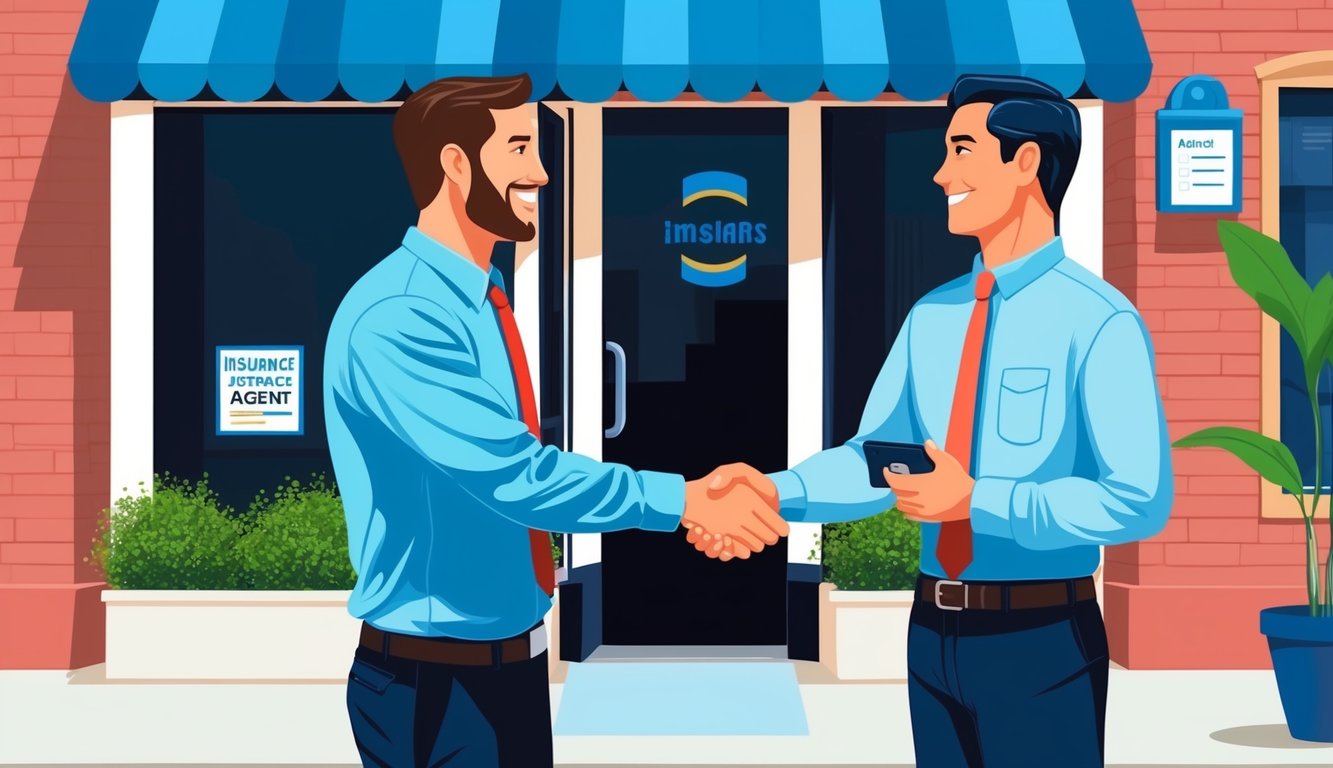 A small business owner shaking hands with an insurance agent in front of a storefront