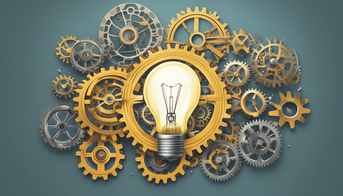 Lightbulb surrounded by golden and silver gears on a teal background