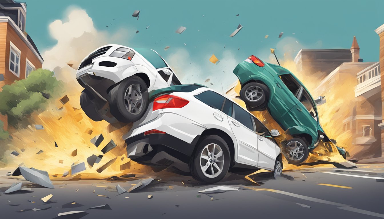 Cars in a collision, debris flying, buildings in the background
