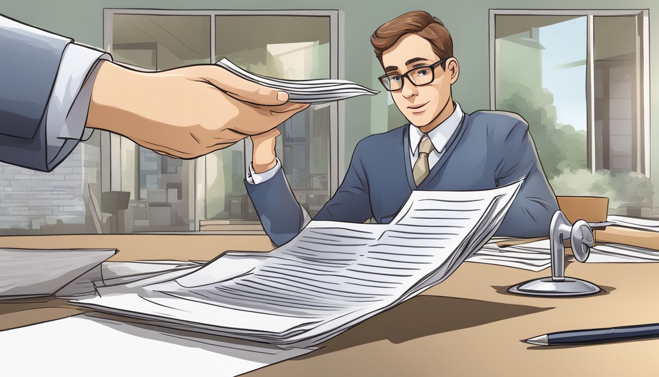 Man in suit receiving papers from another person's hand at desk