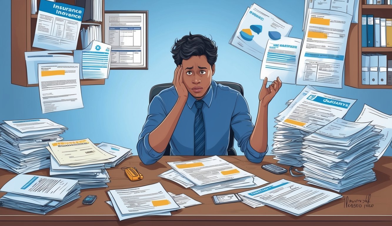 Overwhelmed man surrounded by piles of paperwork, looking stressed and frustrated