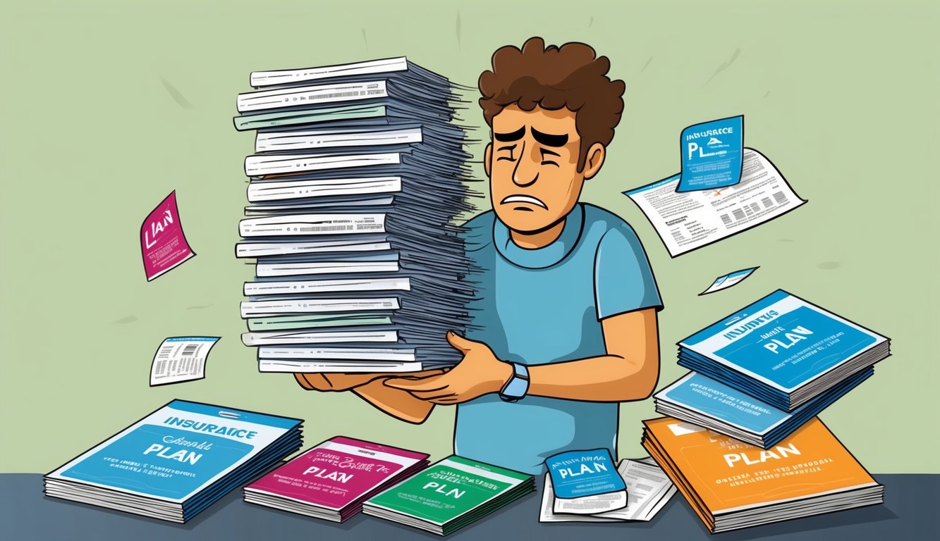 Man overwhelmed by a huge stack of insurance plans and paperwork