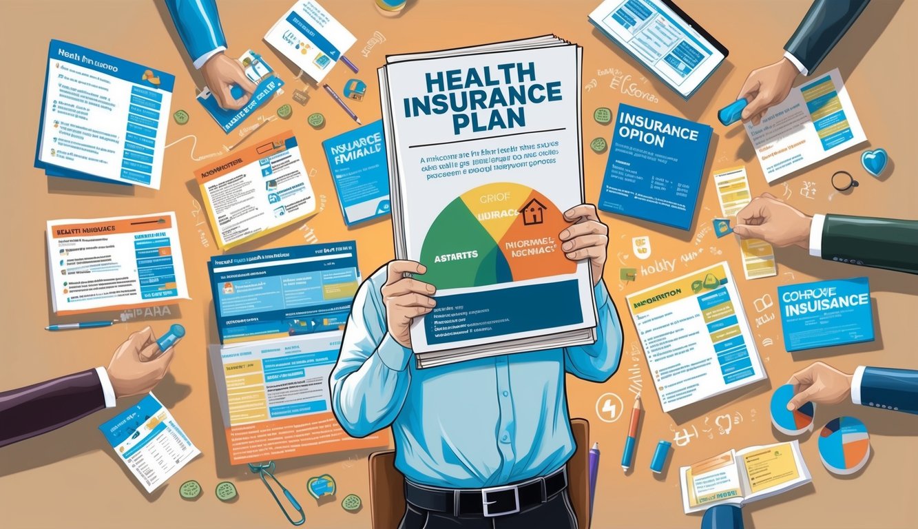 A person holding a health insurance plan pamphlet, surrounded by various insurance options and confusing jargon