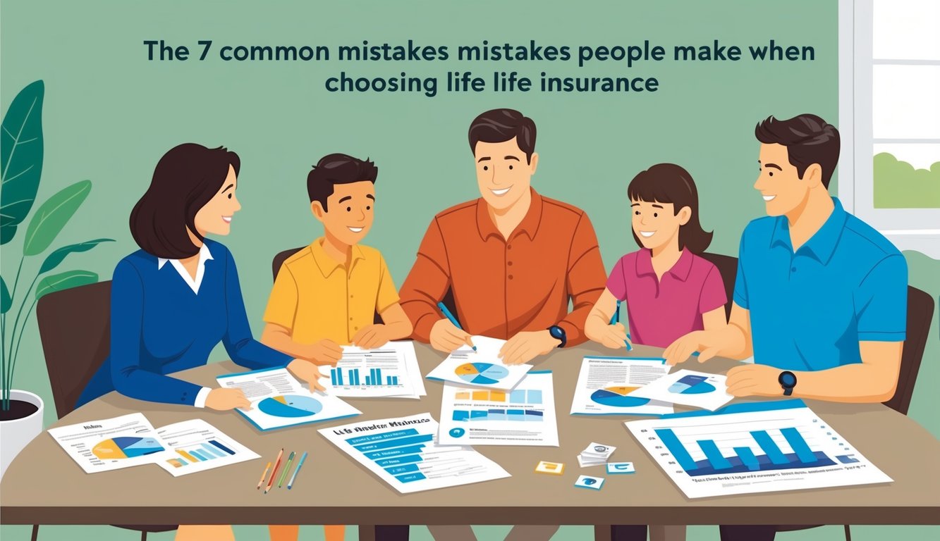 A family sits around a table, reviewing life insurance options.</p><p>Papers and charts are spread out as they discuss the 7 common mistakes people make when choosing life insurance