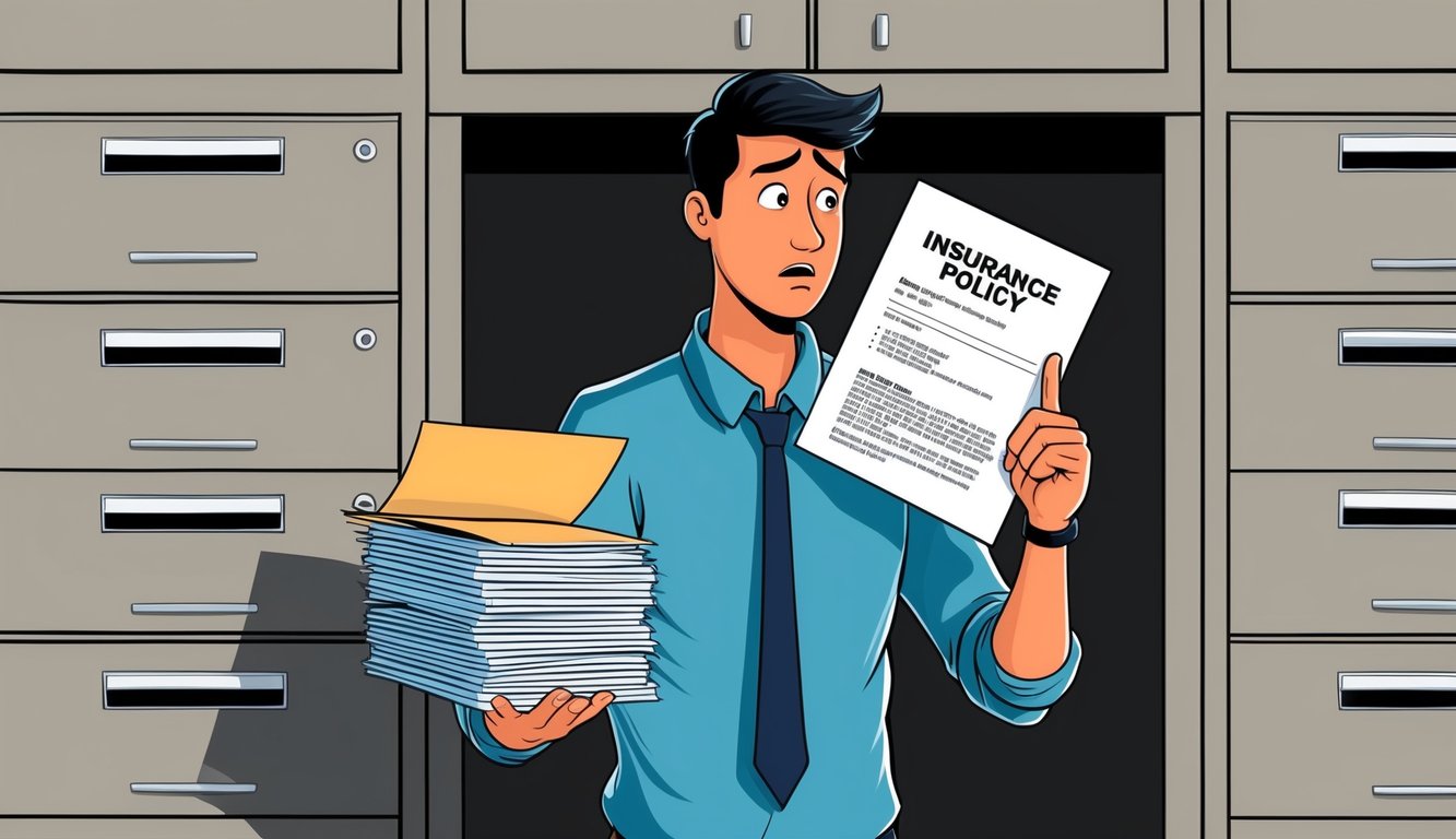 A person standing in front of a filing cabinet, looking confused while holding a stack of papers and pointing at an insurance policy document