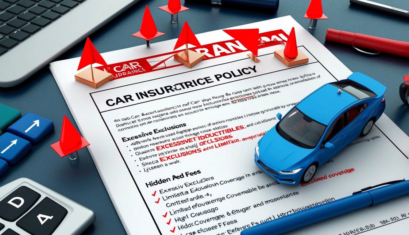 A car insurance policy with high deductibles, marked by red flags such as excessive exclusions, limited coverage, and hidden fees