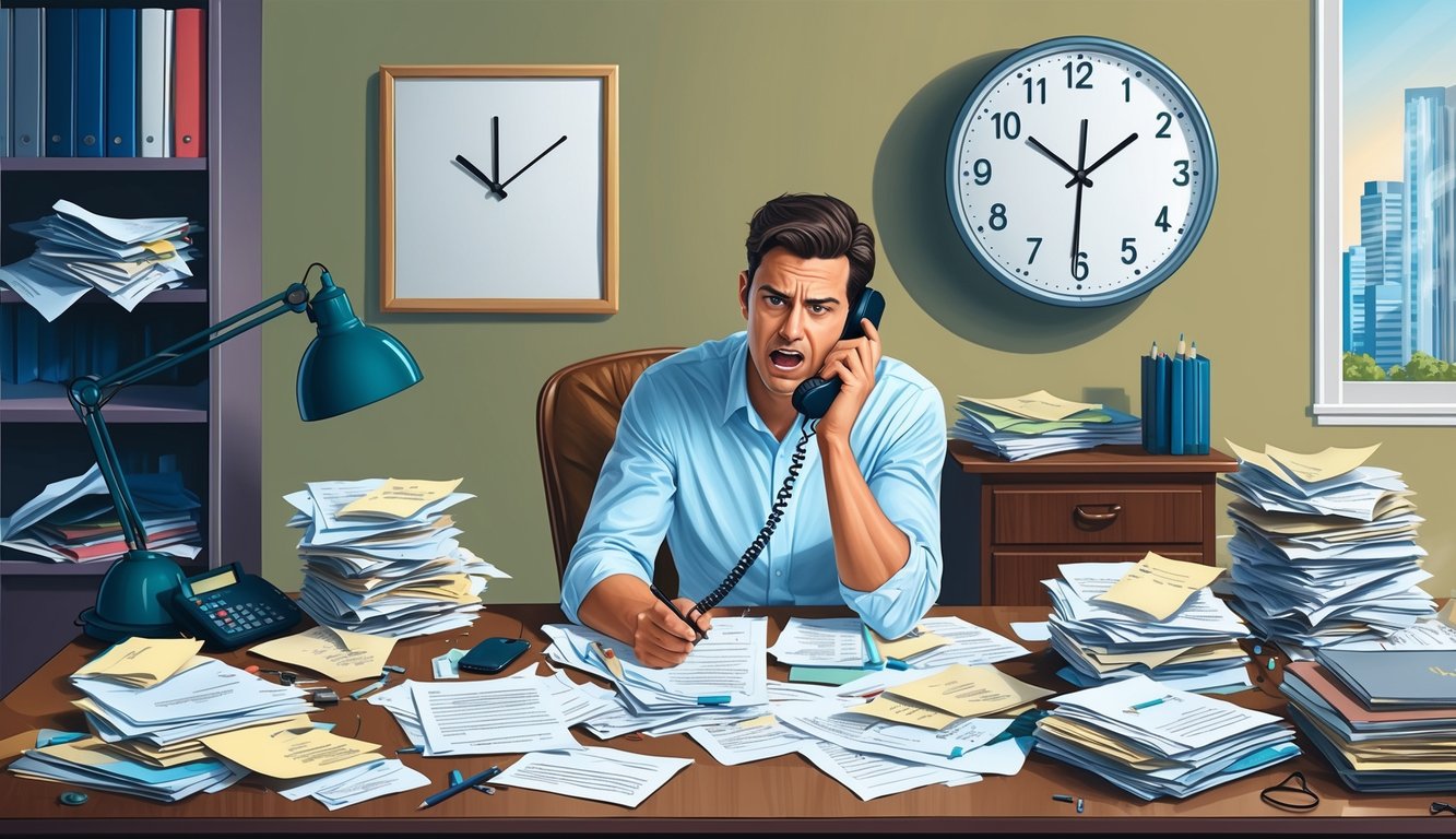 A disheveled desk covered in scattered papers, a clock ticking past deadlines, and a frustrated individual on the phone with an insurance company