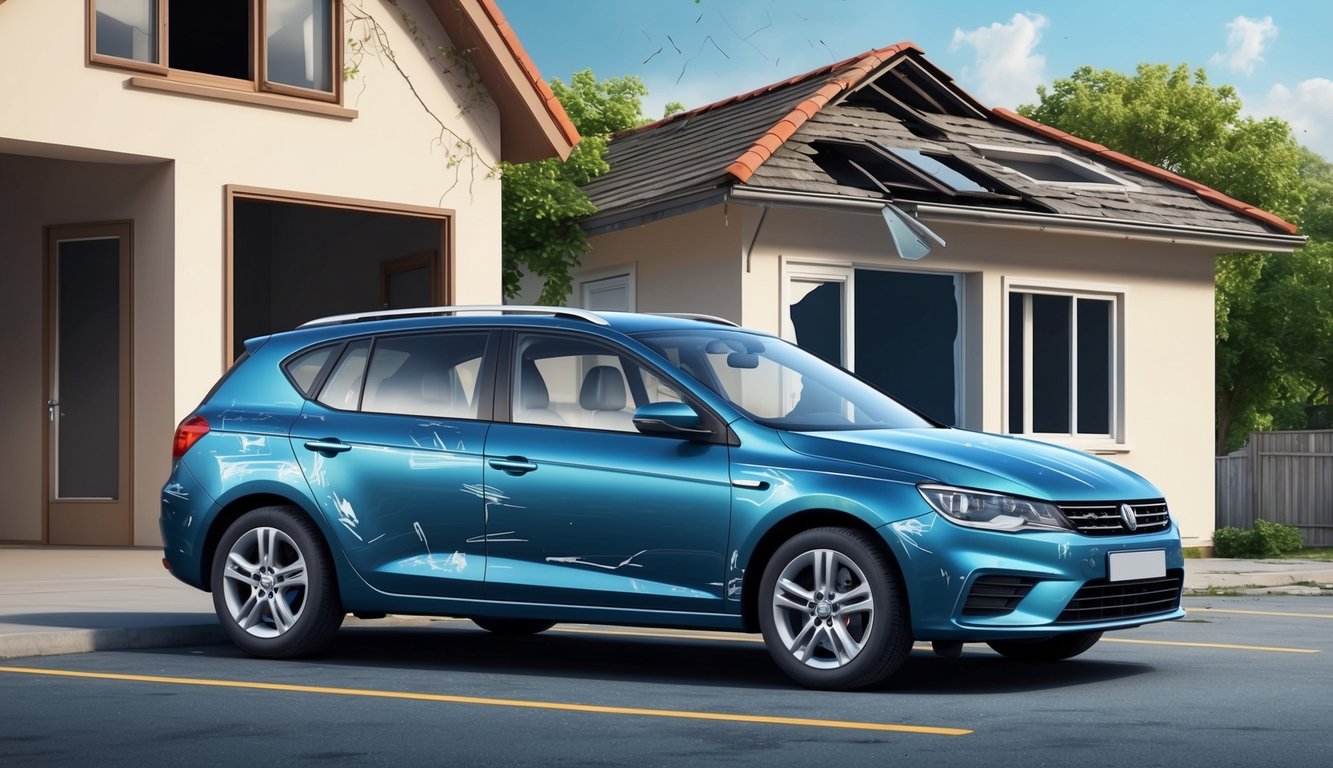 A car with multiple dents and scratches parked next to a damaged house, while a broken window and a leaking roof are visible in the background