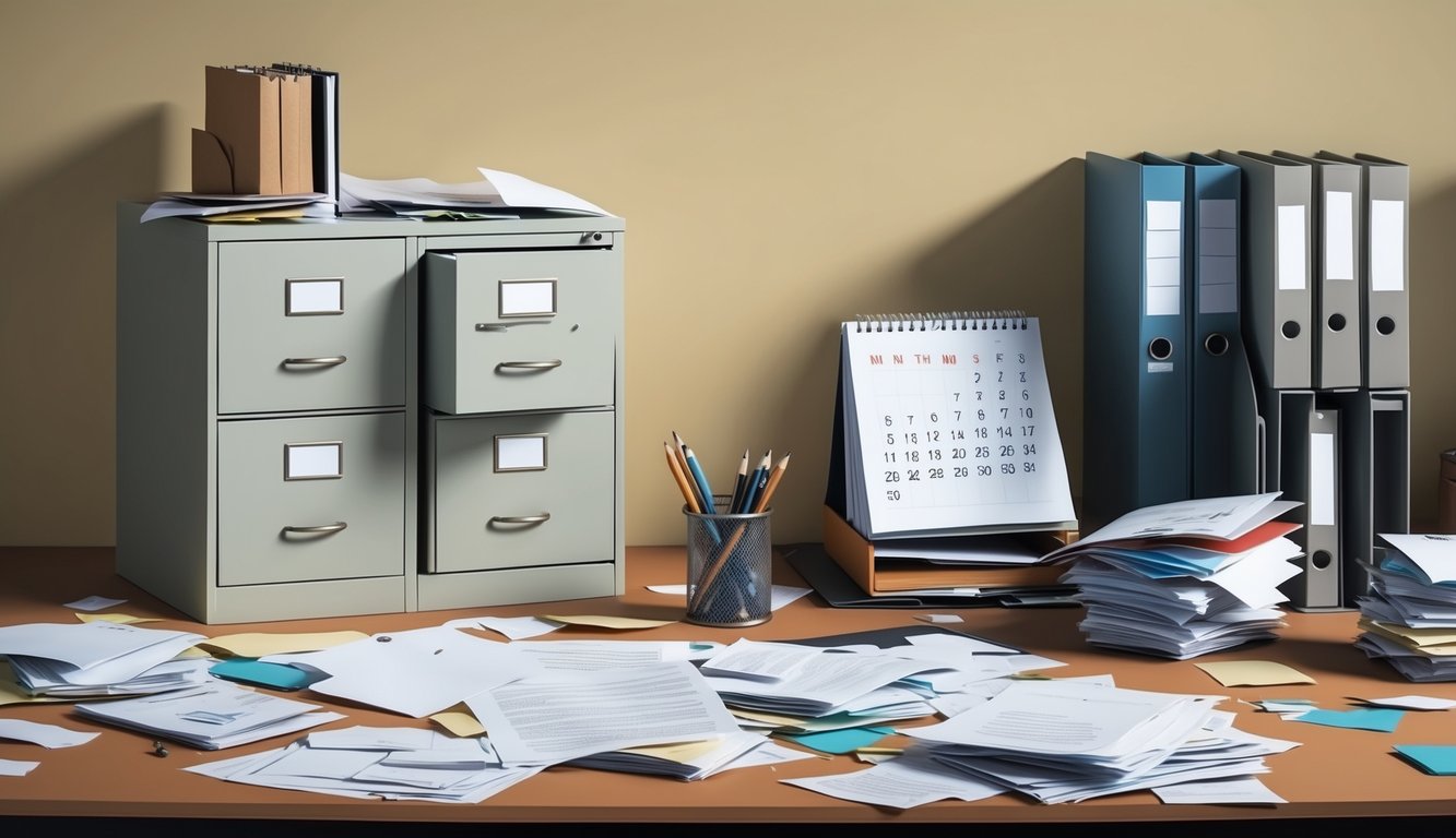 A cluttered desk with scattered papers and a disorganized filing cabinet.</p><p>An empty calendar and a pile of unopened mail