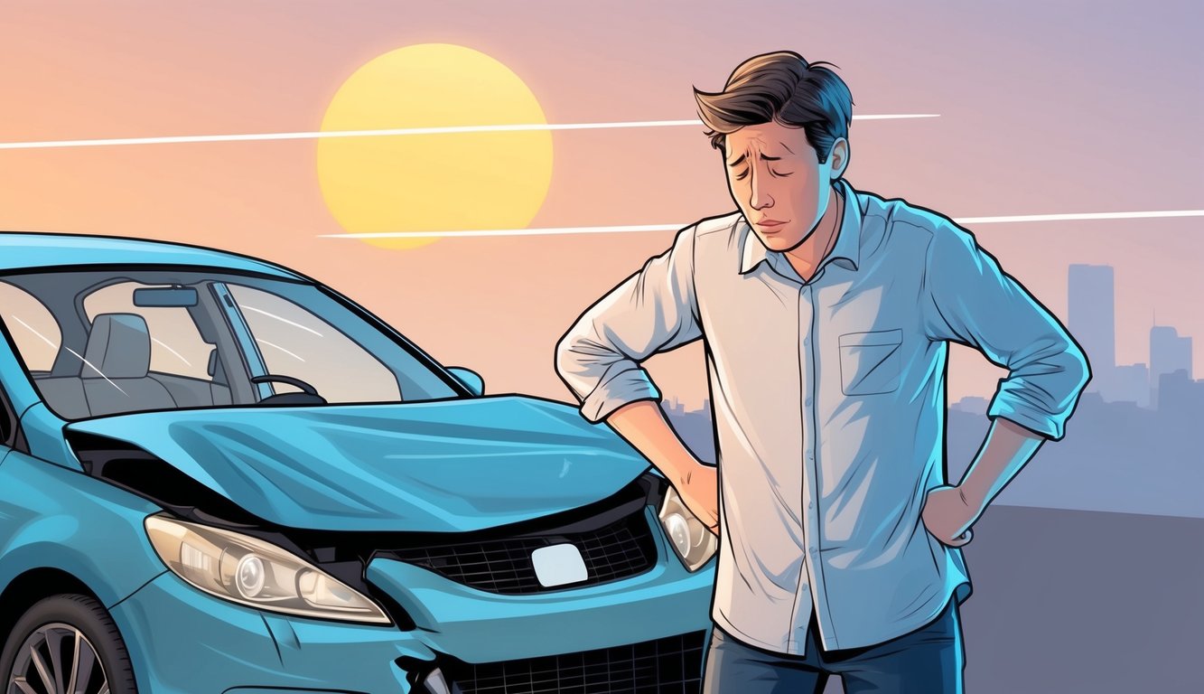 A person standing in front of a damaged car, looking frustrated and regretful.</p><p>The sun is setting, casting a warm glow on the scene