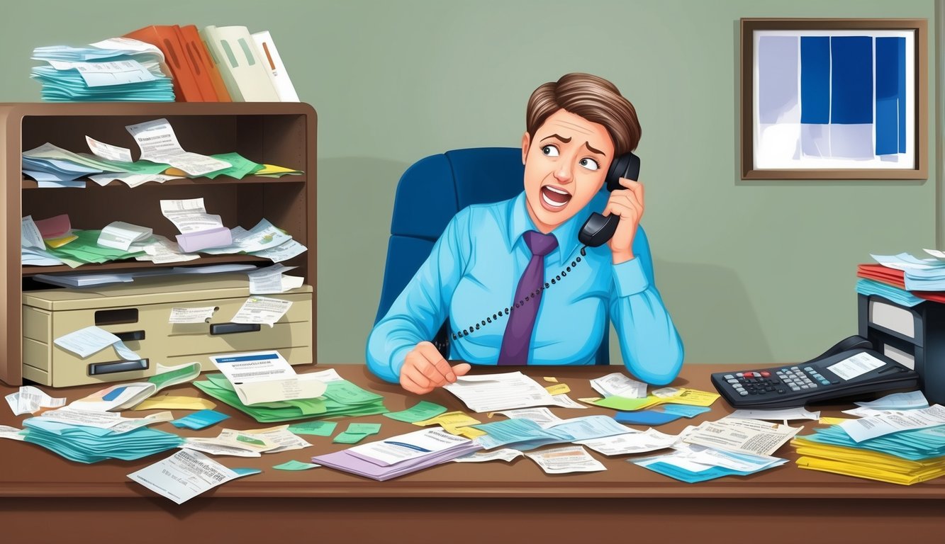 A cluttered desk with scattered receipts and bills, a disorganized filing cabinet, and a frustrated person on the phone with an insurance company