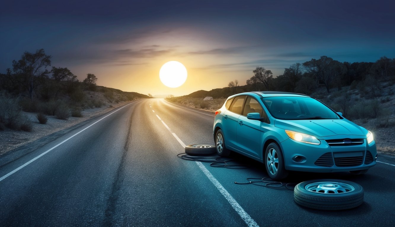 A car stranded on the side of a deserted road, with a flat tire and no help in sight.</p><p>The sun is setting, casting an eerie glow on the scene