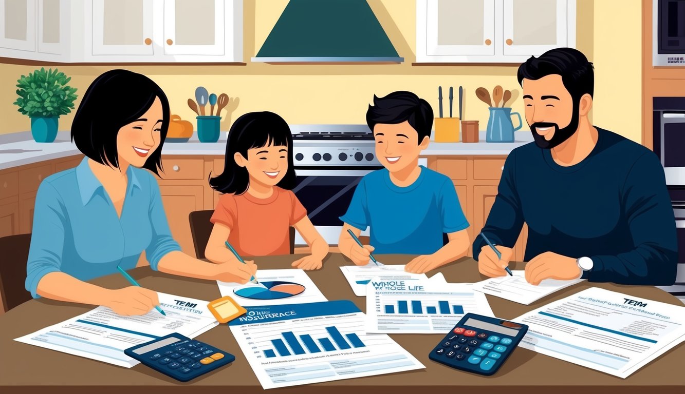 Family reviewing financial documents together at a kitchen table, smiling