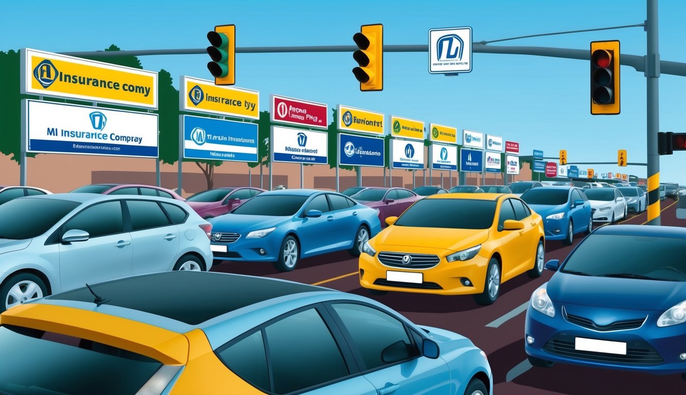 Cars in traffic jam with insurance company billboards and traffic lights