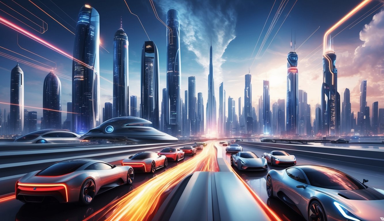 A futuristic city skyline with sleek, high-tech cars and dynamic energy