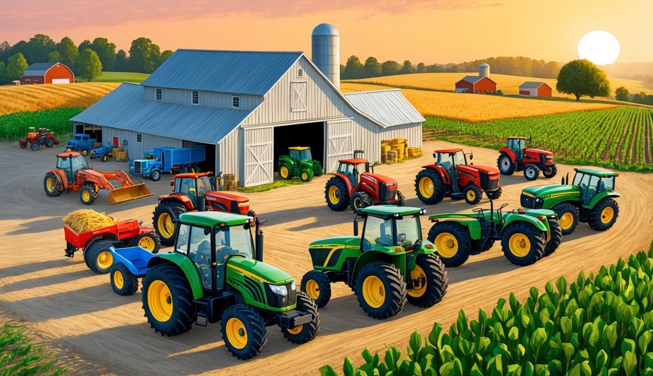 A bustling farm scene with various vehicles, including tractors and trucks, parked in front of a farmhouse.</p><p>The sun is setting, casting a warm glow over the fields