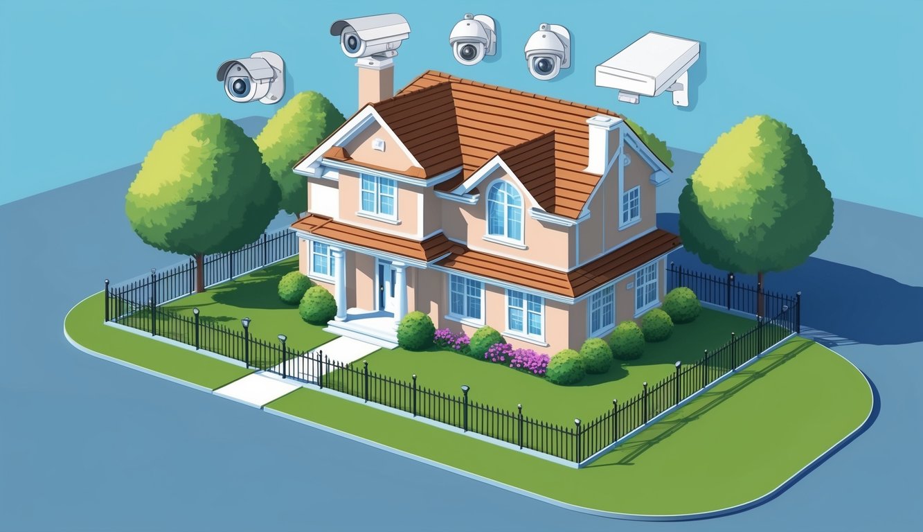 Illustration of a house with security cameras, trees, and a fence