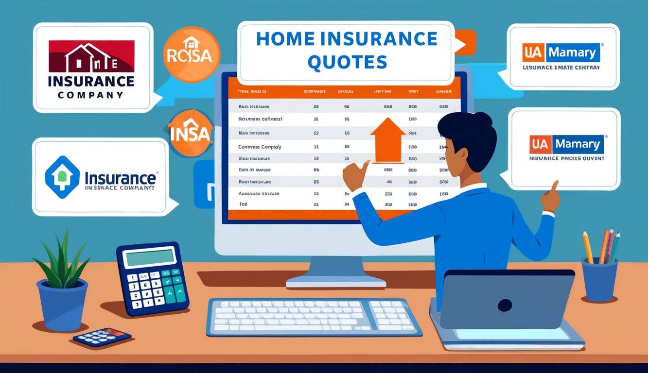 A person comparing home insurance quotes on a computer screen surrounded by various insurance company logos and a calculator