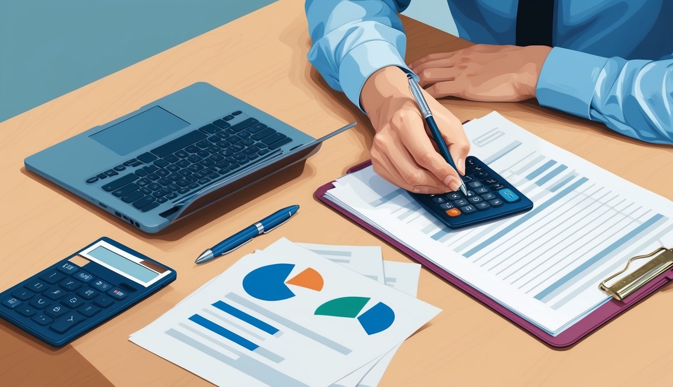 Person calculating with a calculator, laptop, and financial documents on a desk