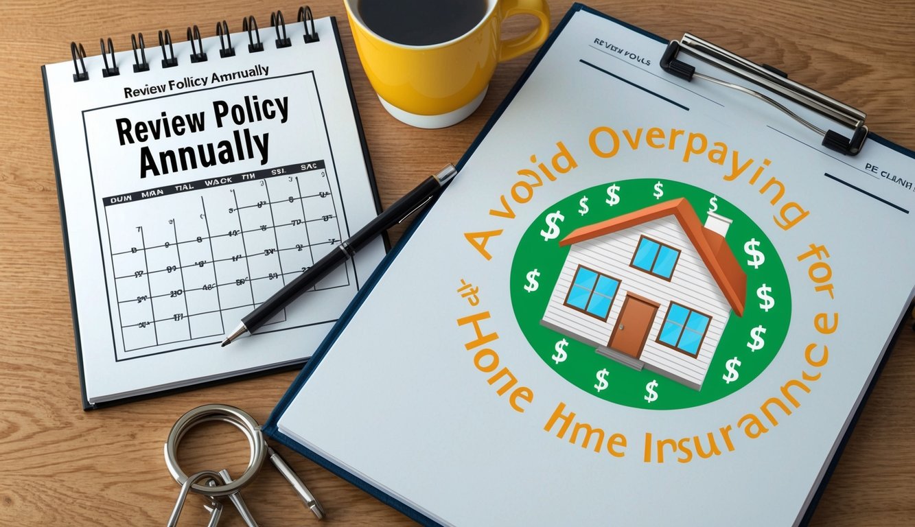 A desk with a calendar showing "Review policy annually" and a house surrounded by dollar signs to represent "Avoid Overpaying for Home Insurance."