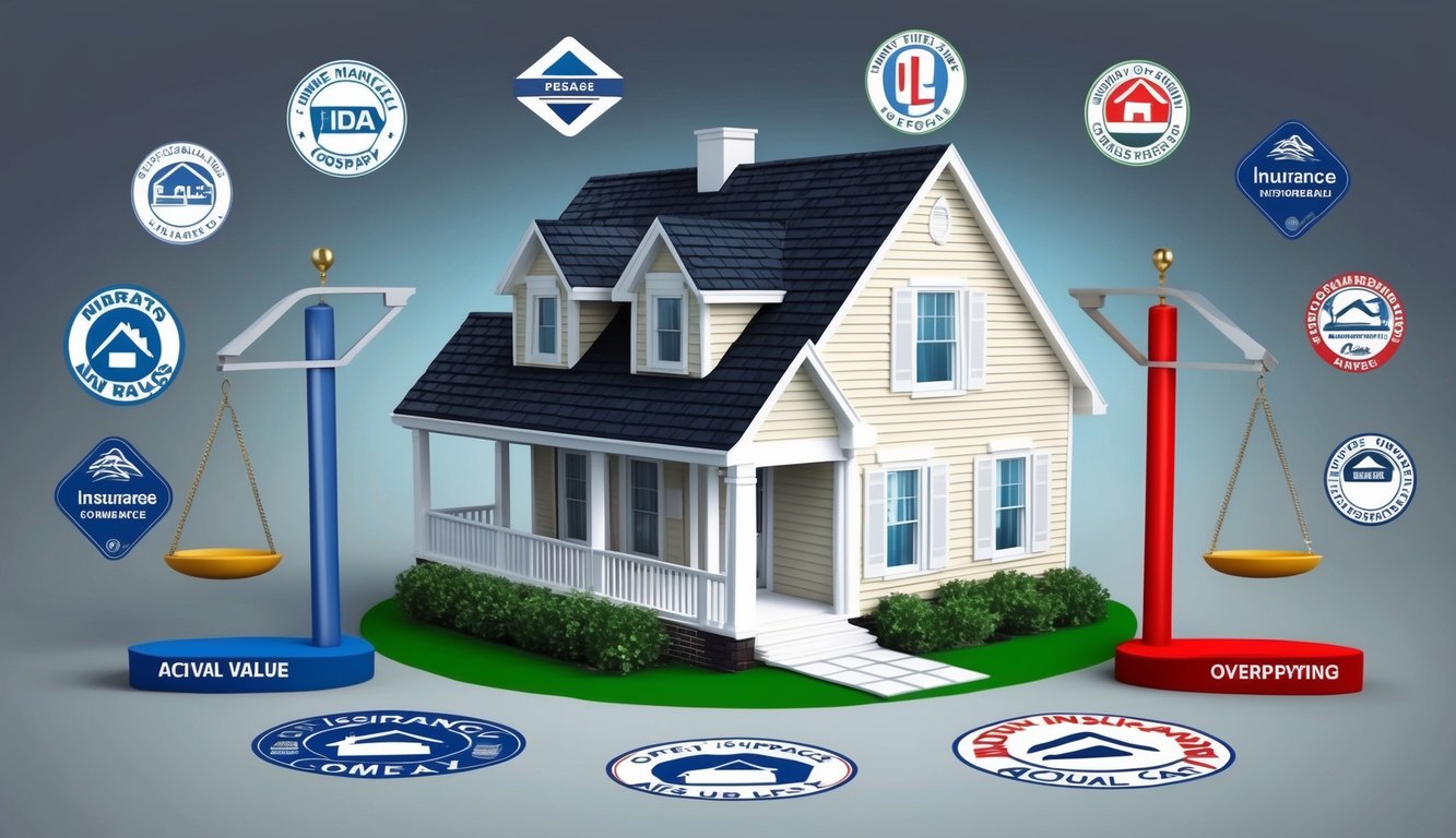 A home surrounded by various insurance company logos, with a scale showing actual cash value on one side and overpaying on the other