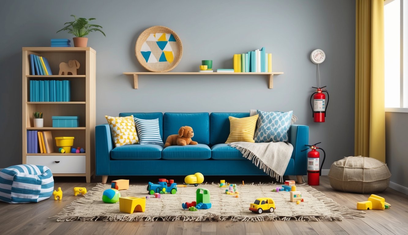 A cozy living room with scattered toys, a frayed rug, and an unsecured bookshelf.</p><p>A fire extinguisher and smoke alarm are visible