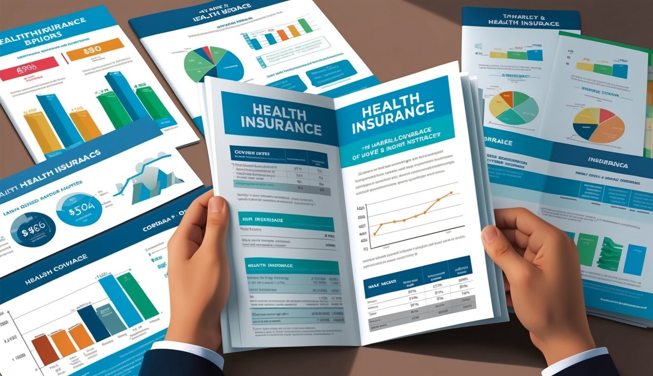 A person reading a brochure on health insurance, with various charts and graphs showing different coverage options and costs