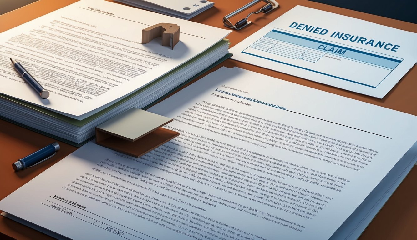Documents, including a denied insurance claim, on a desk with a pen and paperclips