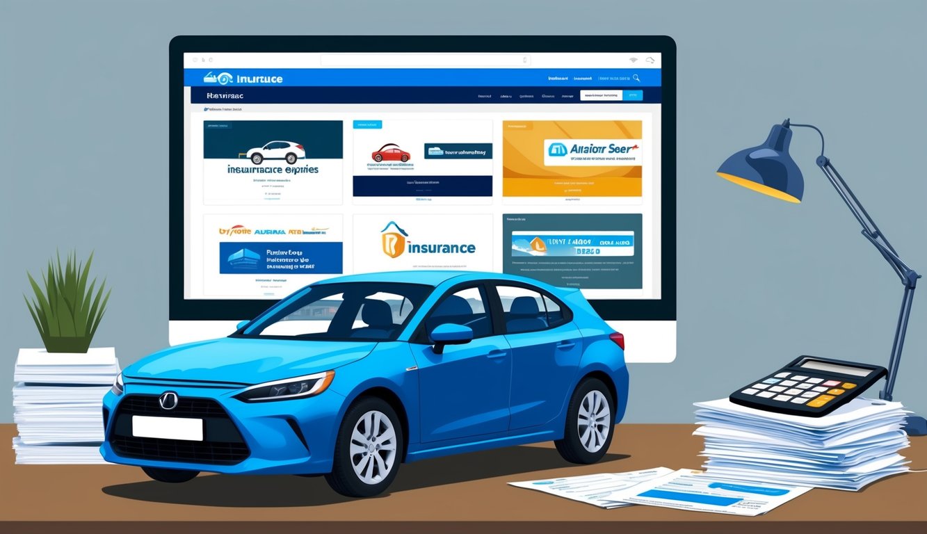 Blue car in front of a computer screen with insurance website