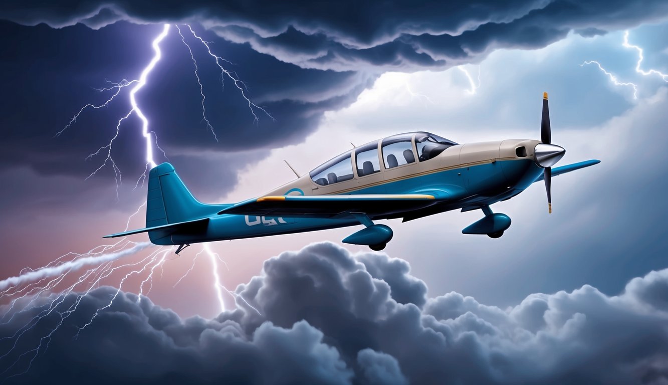 An airplane flying through storm clouds with a bolt of lightning striking nearby, while a broken propeller and engine smoke indicate a potential insurance claim