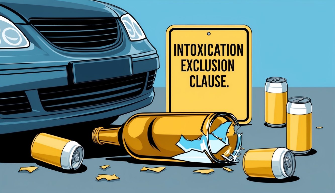 A broken bottle lying next to a car with a damaged front bumper, surrounded by empty beer cans and a sign reading "Intoxication Exclusion Clause."