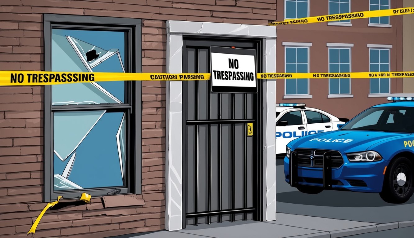 A broken window with a "No Trespassing" sign and a barred door, surrounded by caution tape and a police car parked outside