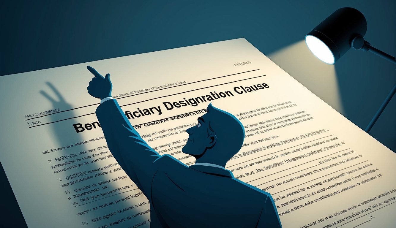 A shadowy figure hovers over a legal document, pointing to a specific clause with a concerned expression.</p><p>The document is illuminated by a single spotlight, emphasizing the importance of the beneficiary designation clause