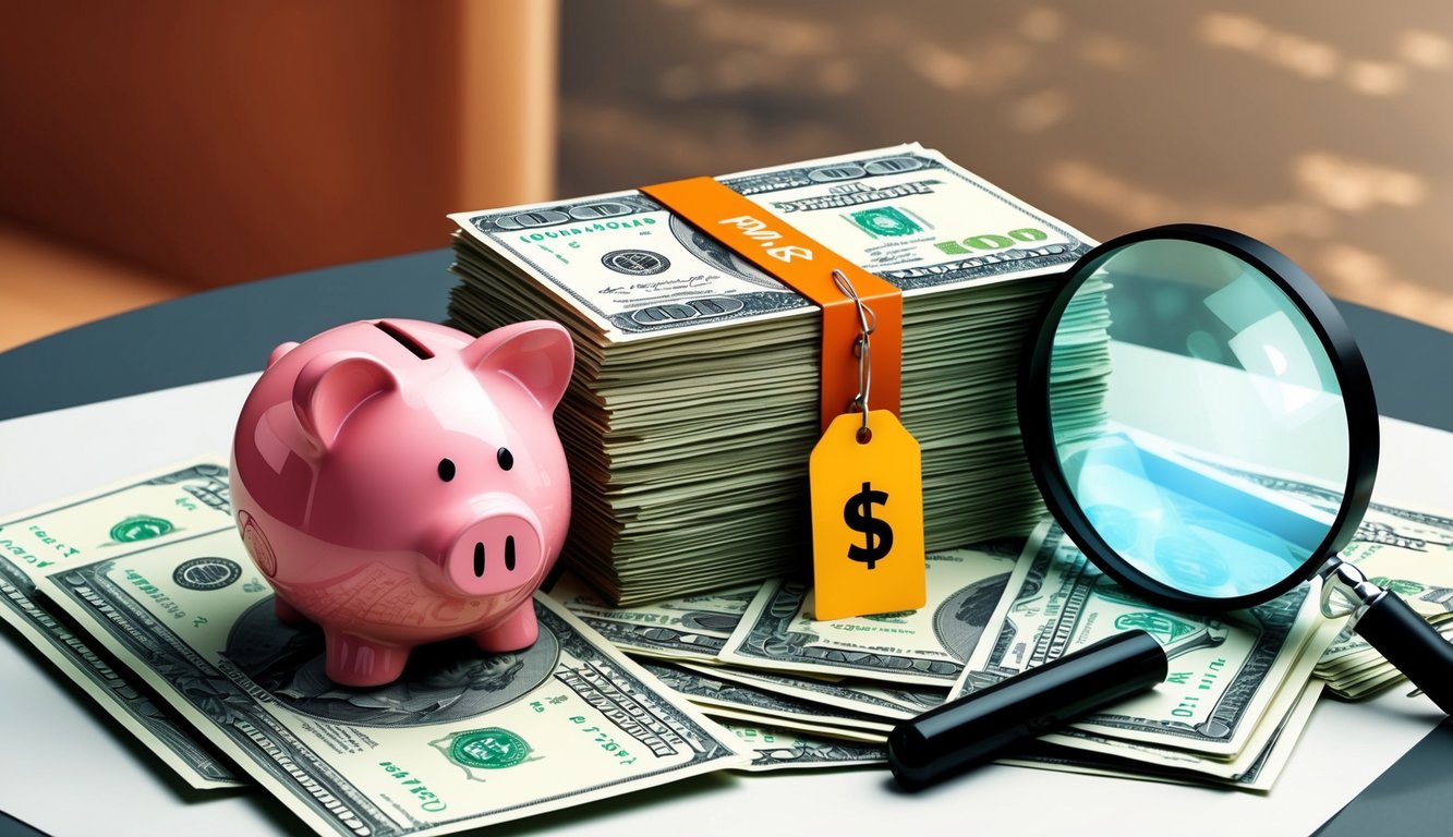 Piggy bank, stack of money, magnifying glass, and price tag with dollar sign