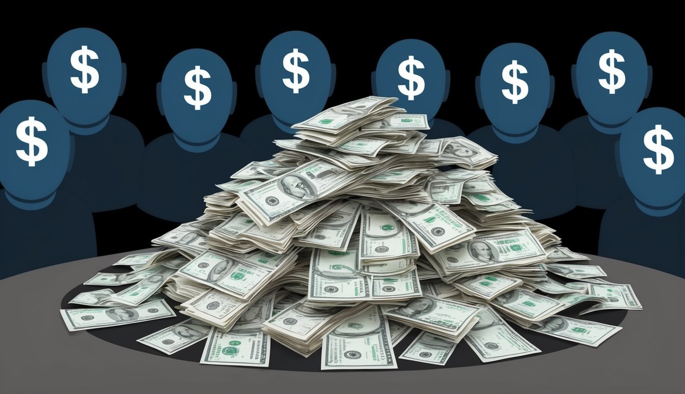 Pile of cash with dollar sign heads in the background