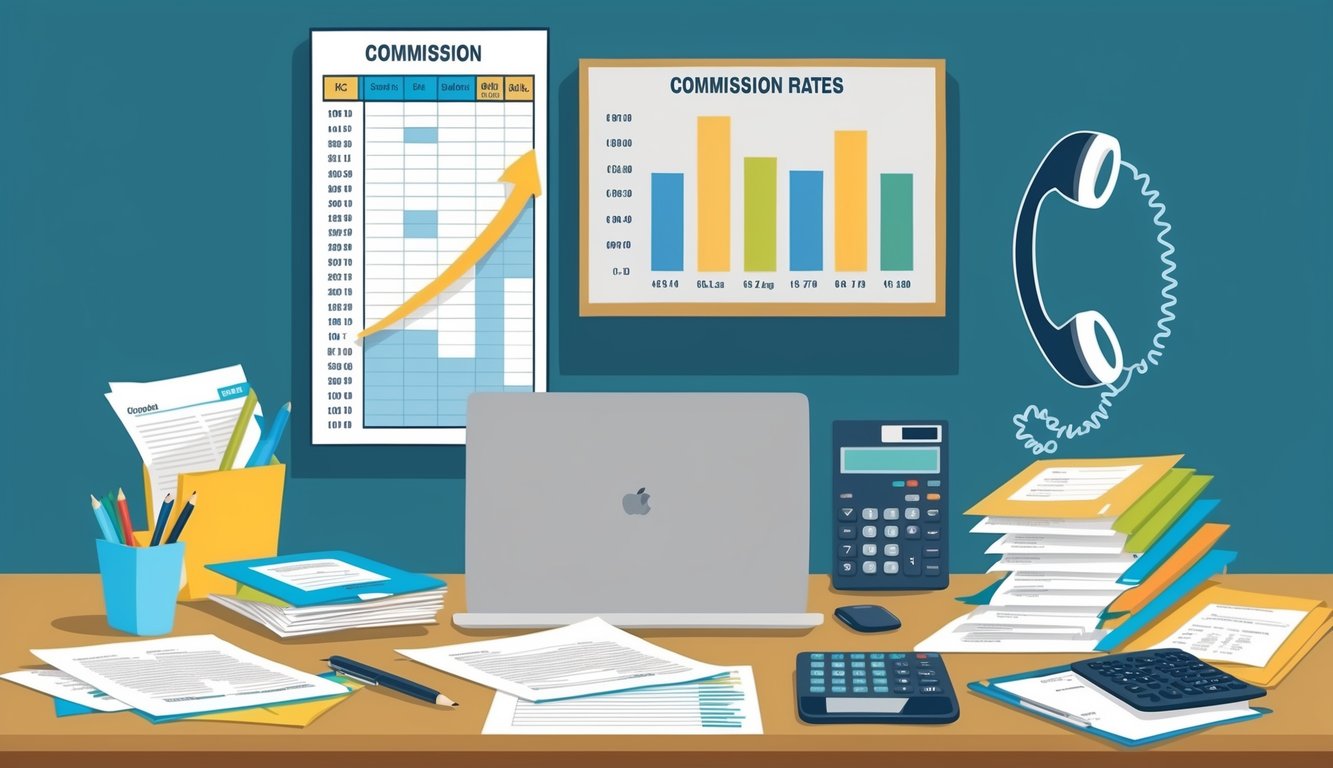 A desk cluttered with paperwork, a laptop, and a calculator.</p><p>A chart on the wall showing commission rates.</p><p>A phone ringing off the hook