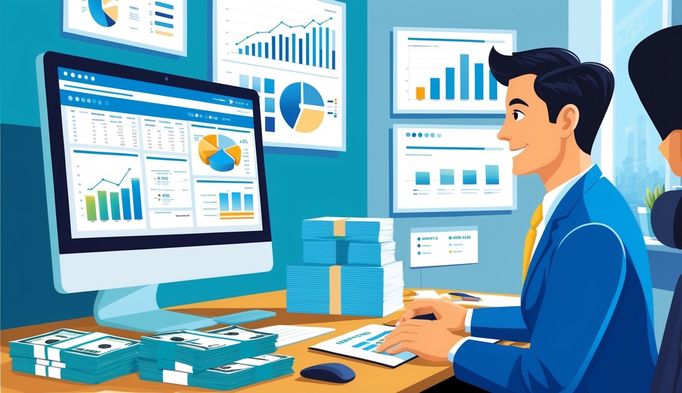 An insurance agent sitting at a desk, surrounded by charts and graphs, with a computer displaying financial data.</p><p>A stack of money and a benefits package are visible on the desk