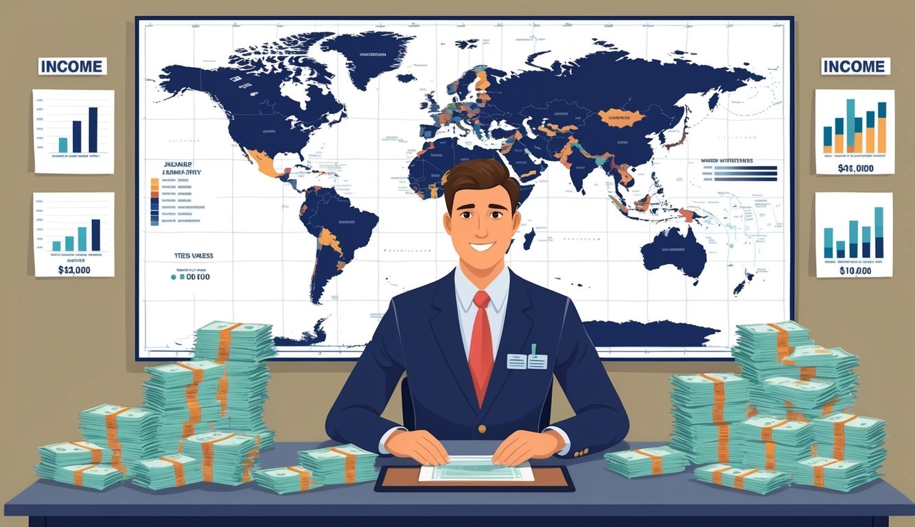 An insurance agent sitting at a desk with a world map on the wall, surrounded by stacks of money and charts showing income variations