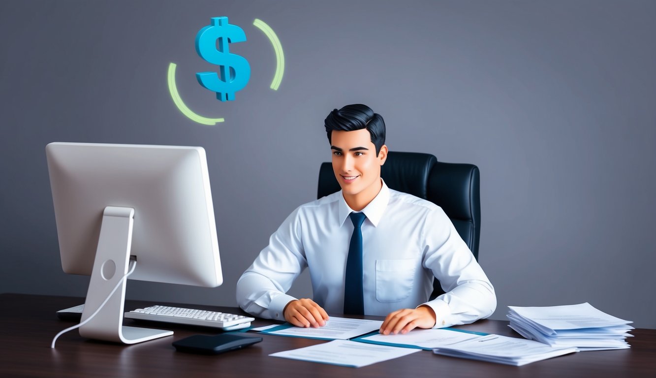 An insurance agent sitting at a desk, surrounded by paperwork and a computer.</p><p>A money symbol hovering above, indicating earnings