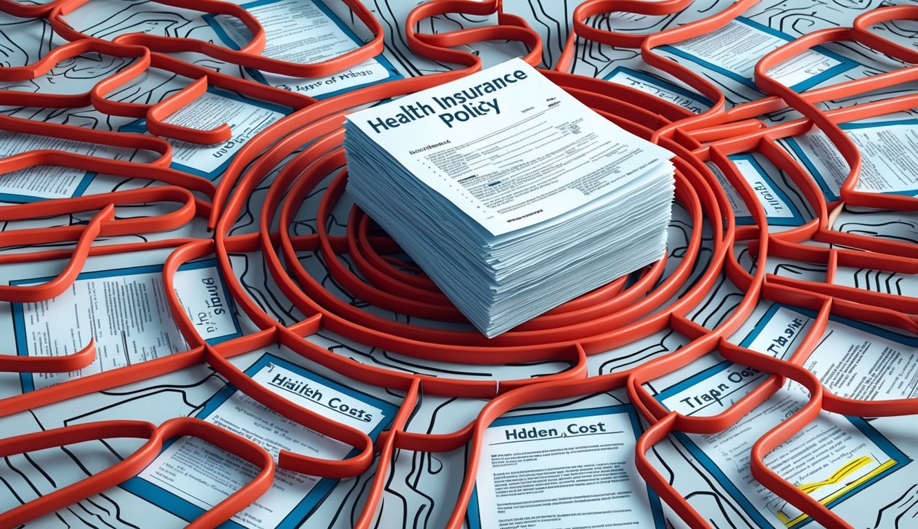 A maze of red tape surrounds a stack of health insurance policy documents, with hidden costs labeled as traps along the path