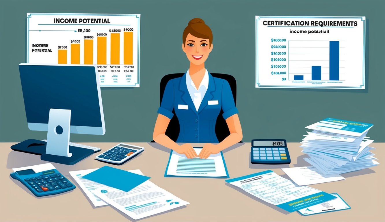 An insurance agent sitting at a desk surrounded by paperwork, a computer, and a calculator.</p><p>A chart showing income potential and certification requirements is pinned to the wall