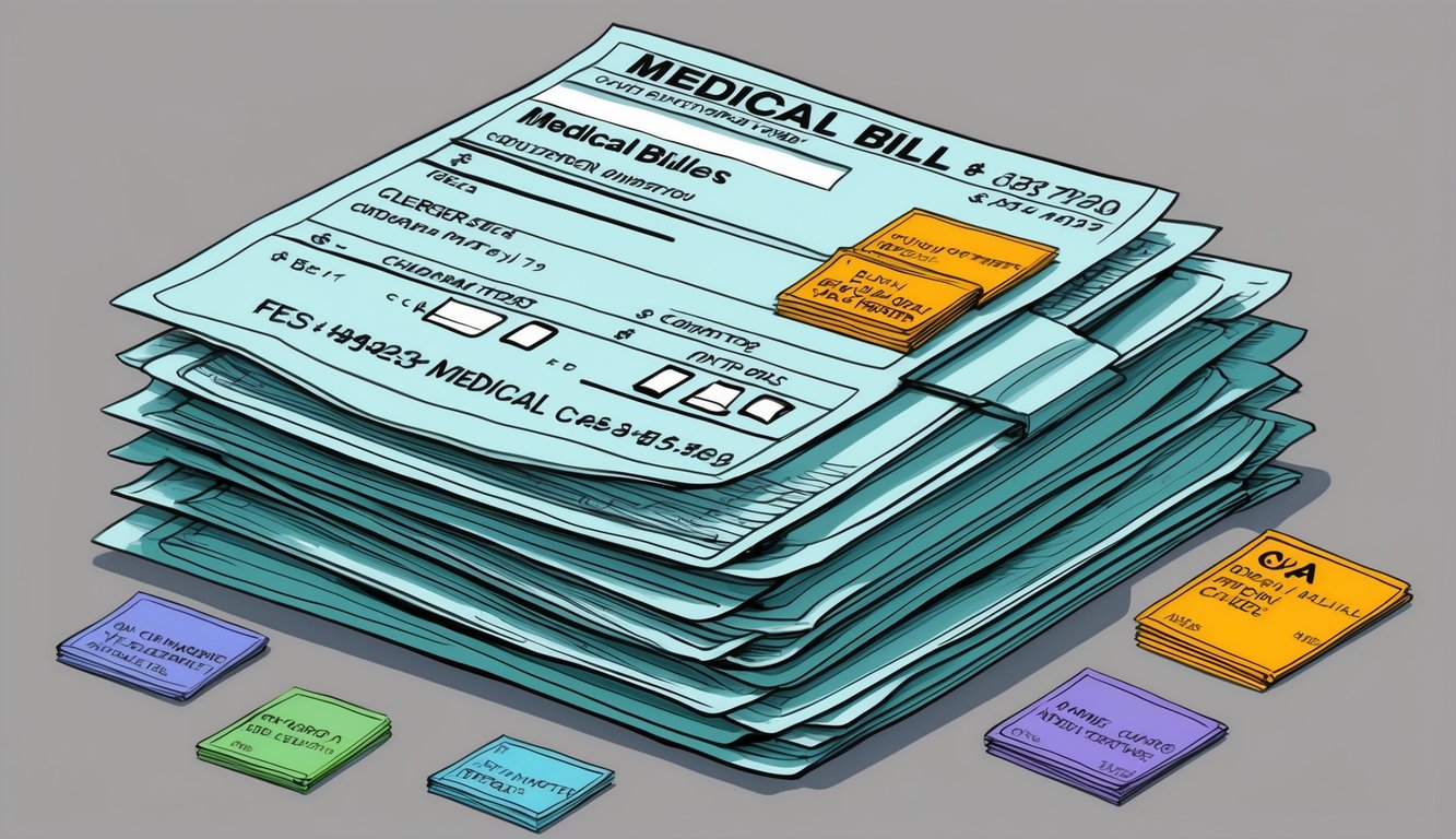 A stack of medical bills with various fees and charges highlighted