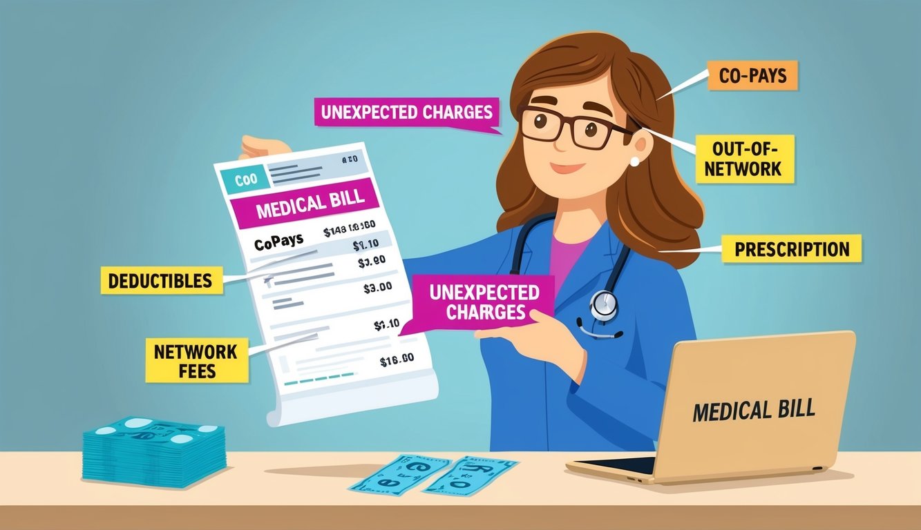 A person receiving a medical bill with various unexpected charges highlighted, such as co-pays, deductibles, out-of-network fees, and prescription costs