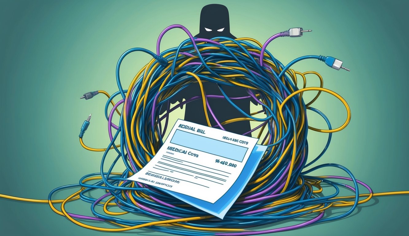 A maze of tangled wires surrounds a medical bill, while a shadowy figure lurks in the background, representing the hidden costs of out-of-network health services