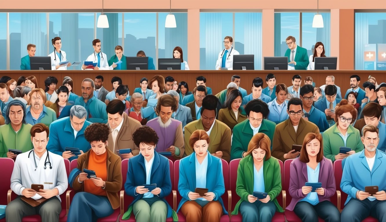 People in a waiting room, many on phones, doctors behind desks