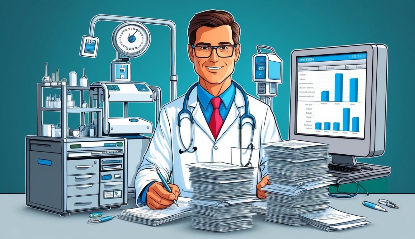 A doctor surrounded by expensive medical equipment, with a stack of paperwork and a computer displaying rising costs