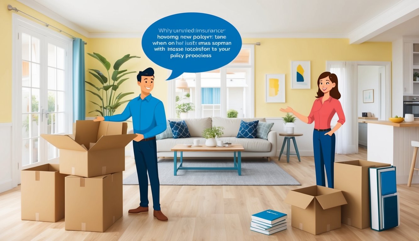Two cartoon people with moving boxes in a living room