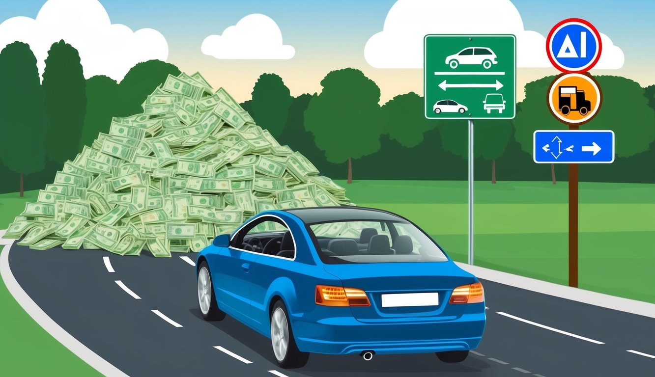 Blue car driving past a giant pile of money on a road